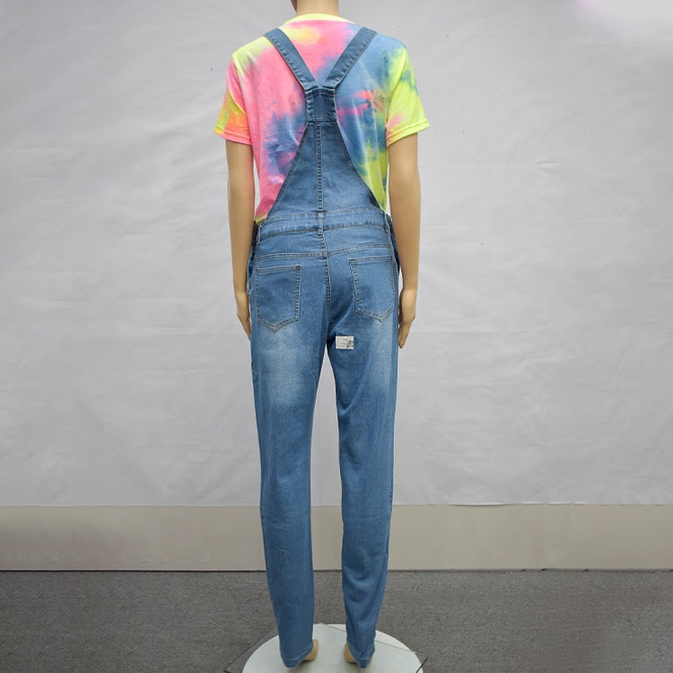 New Fashion Washed Denim Overalls Skinny Ripped Jumpsuit Rompers Women Jeans With Straps