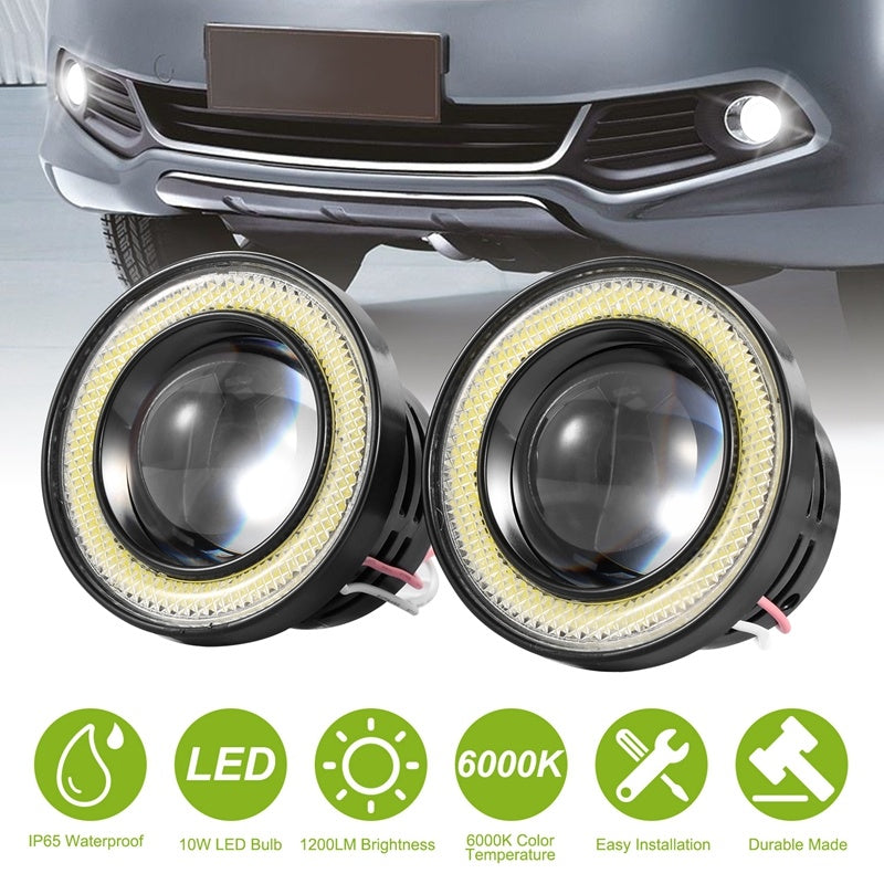 2 Pcs 2.5"Auto COB LED Fog Light 1200LM 6000k White IP65 Waterproof Halo Angel Eye Ring Bulb Lamp Driving DRL 12V