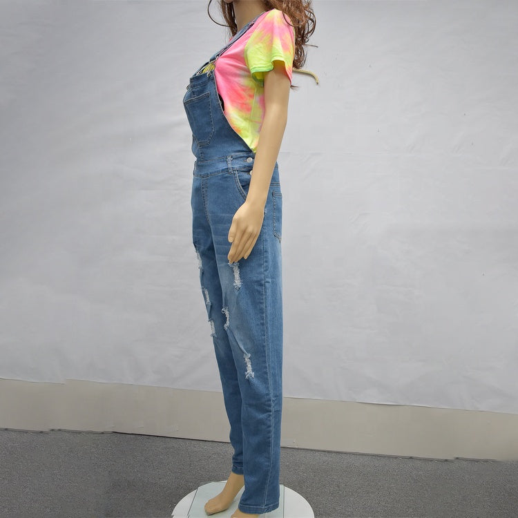 New Fashion Washed Denim Overalls Skinny Ripped Jumpsuit Rompers Women Jeans With Straps