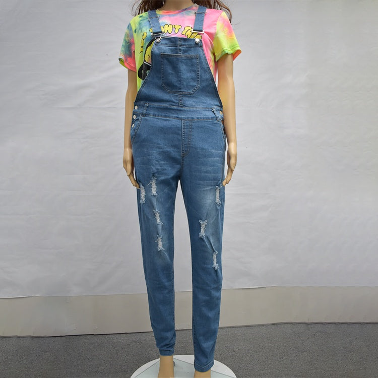 New Fashion Washed Denim Overalls Skinny Ripped Jumpsuit Rompers Women Jeans With Straps