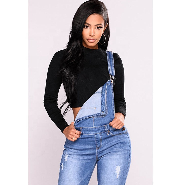 New Fashion Washed Denim Overalls Skinny Ripped Jumpsuit Rompers Women Jeans With Straps